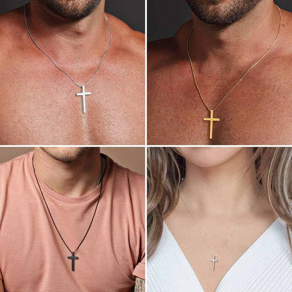 Cross Necklace For Men, Silver Black Gold Plain Cross Pendant With Adjustable Box Chain 16-30 Inch