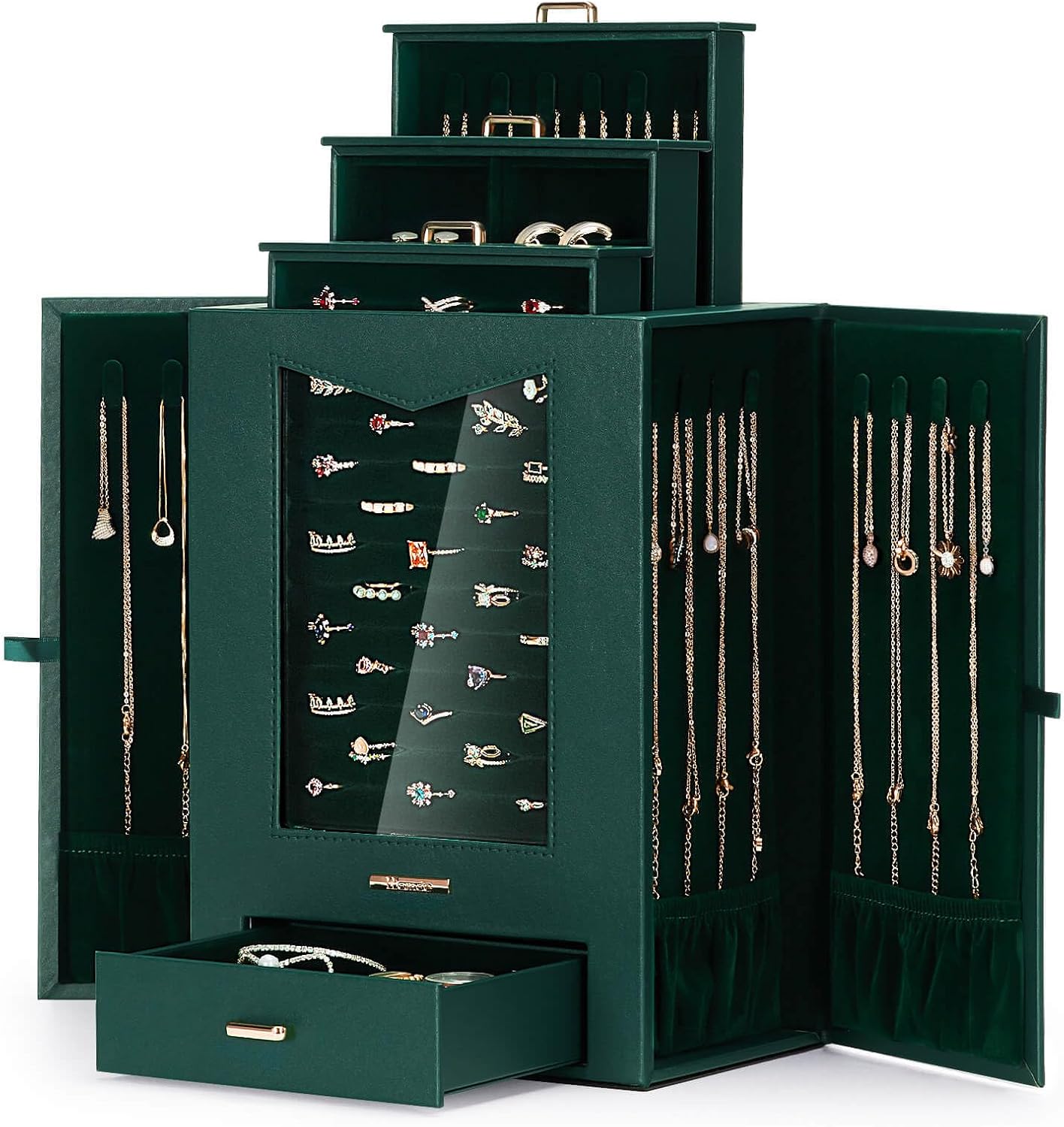 Jewelry Organizer with Transparent Window Necklace Hooks Jewelry Box for Necklaces Rings Earrings Bracelets