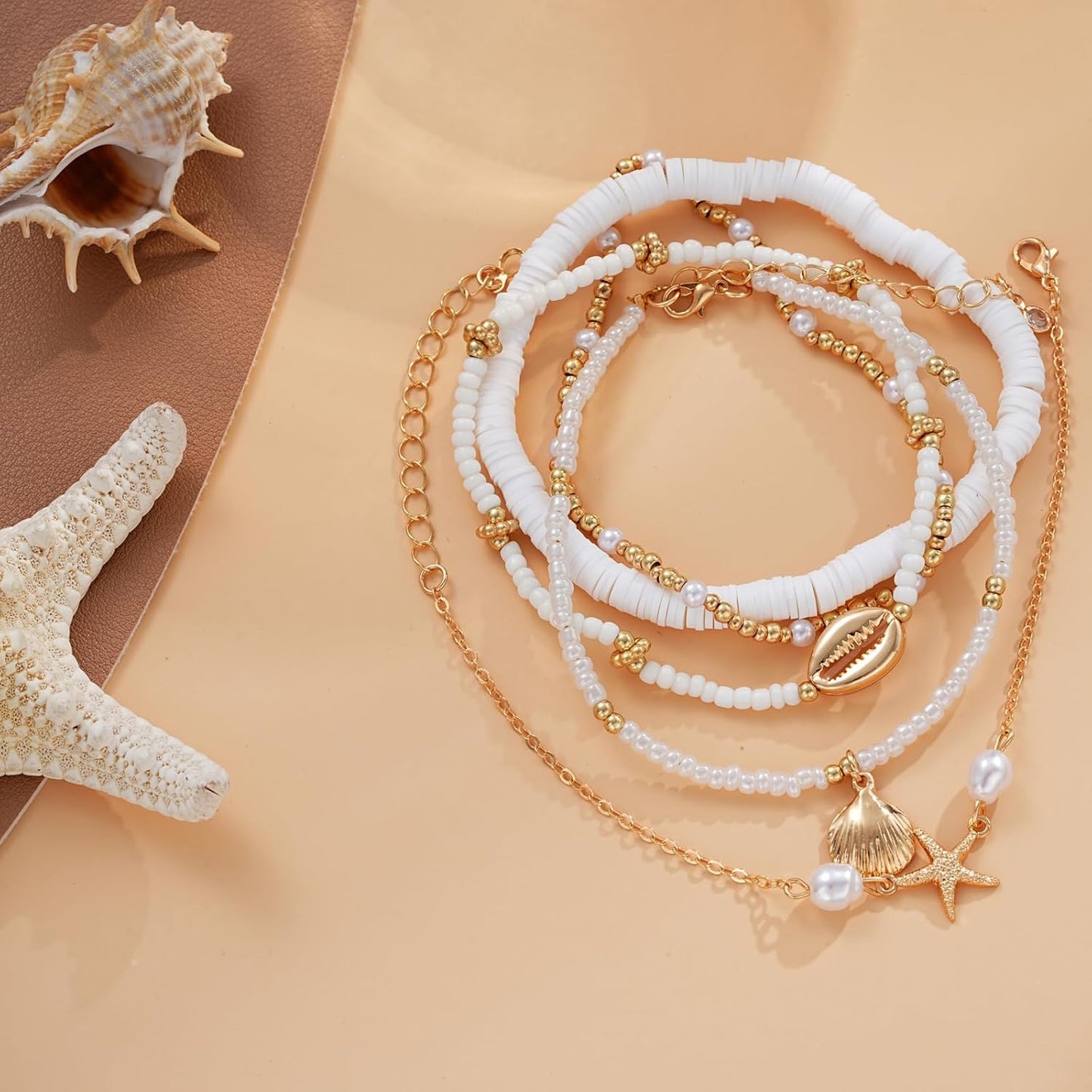 5 Pairs Boho Bead Handmade Adjustable Anklet, Hawaiian Beach Seashell Starfish Foot