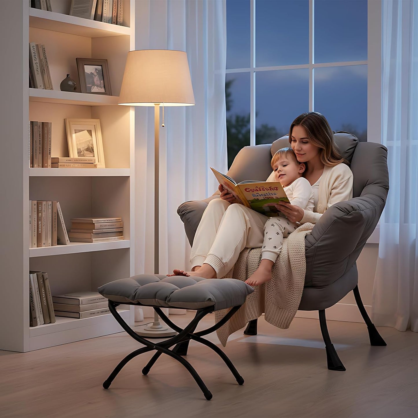 Lazy Lounge Chair with Ottoman and Side Pocket - Modern Accent Armchair with Armrests, Reading and Space Relaxation