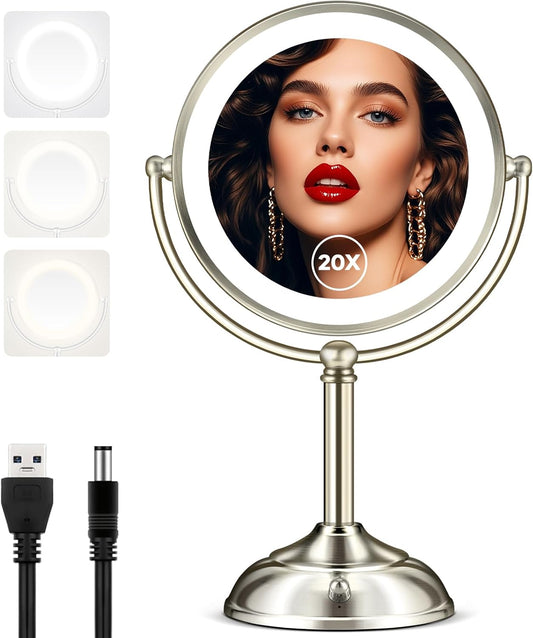 Makeup Mirror with Lights, 9" 20X Magnifying Mirror with Light and 2-Sided Desk Mirror with Light for Makeup