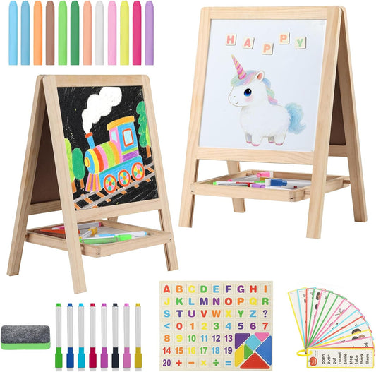 OMOMMD Tabletop Wooden Art Painting Easel for Kids 2-4, Chalkboard & Double-Sided Drawing Whiteboard for Toddlers, 4-in-1 Desk Easel with Magnetic Letters/Numbers & Flashcards Markers, Eraser