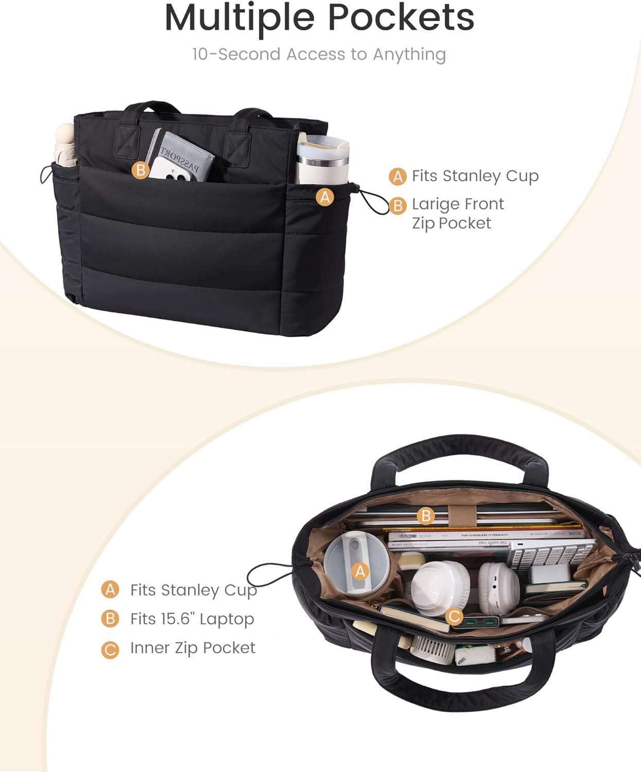 Tote Bag for Women with Giant Tumbler Holder Pocket, Puffer Work Travel Laptop Handbag with Zipper
