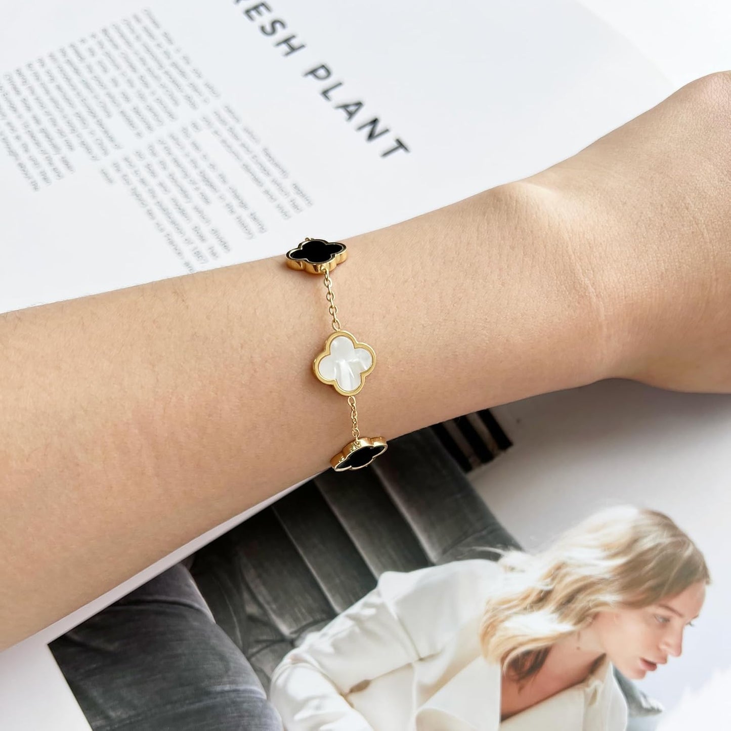 18K Gold Plated Clover Lucky Bracelet for Women White/Black/Red/Green Flower Four Leaf Link Bracelets