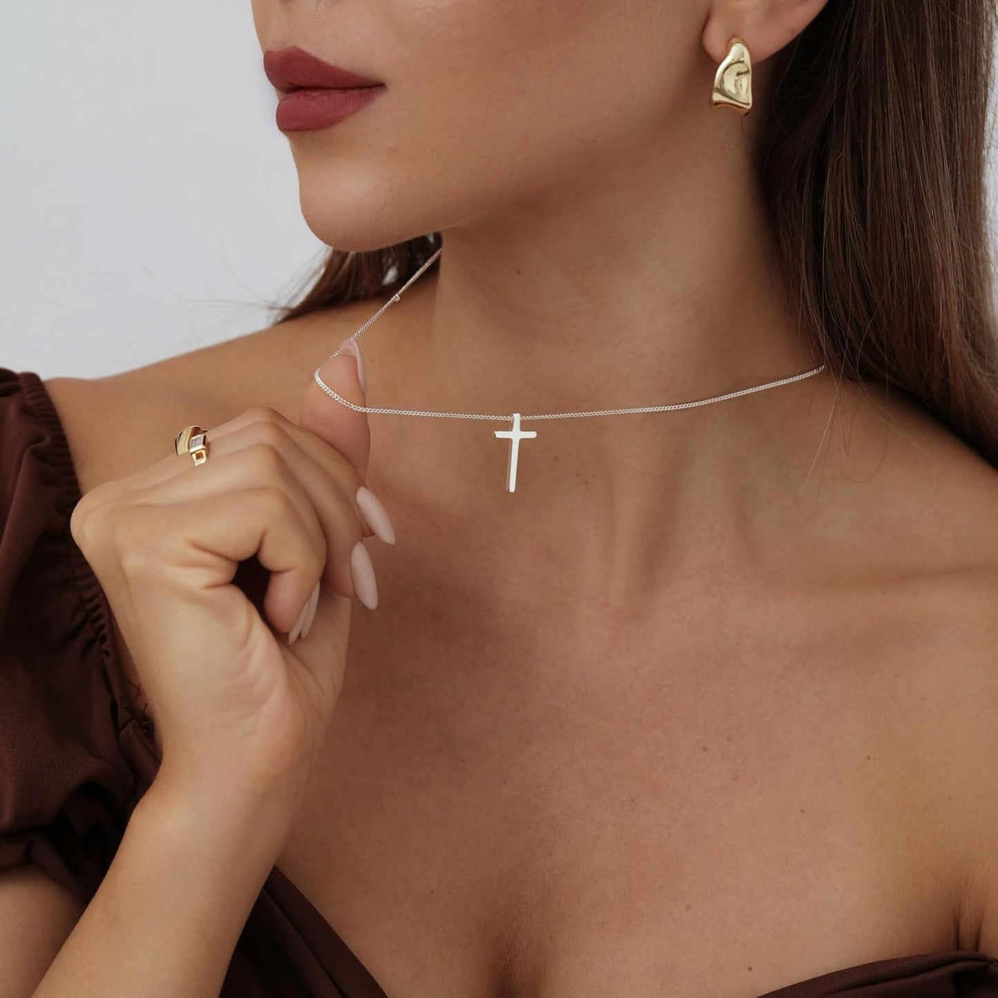 Ascoy Two-Tone Cross Necklace, 14K Gold & Silver Plated Minimalist Dainty Chain, Religious Gift & Everyday Jewelry for Women