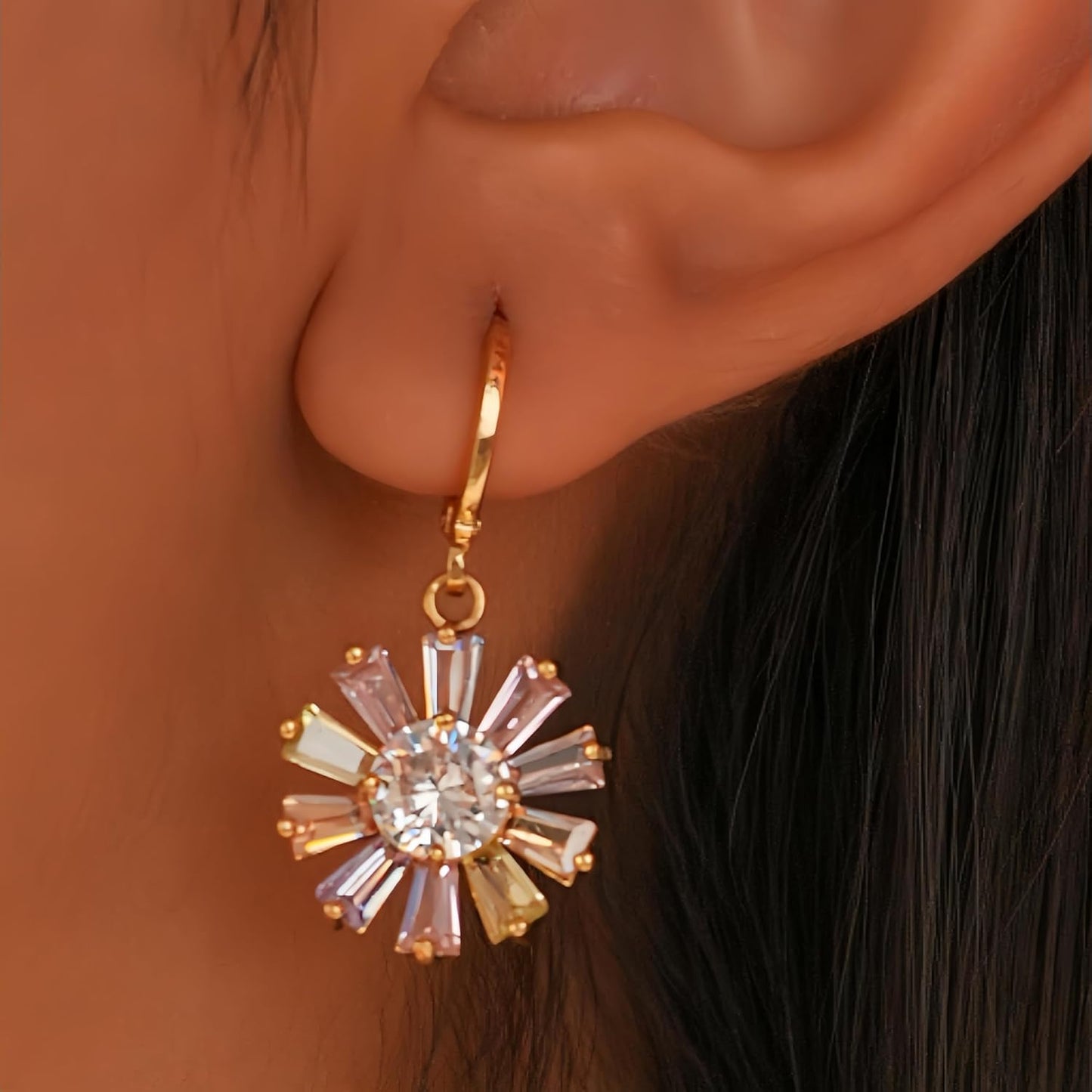 Vuskdtei18K Gold Plated Flower Dangle Earrings for Women, Hypoallergenic Cubic Zirconia Earrings, Elegant Chandelier Drop Earrings