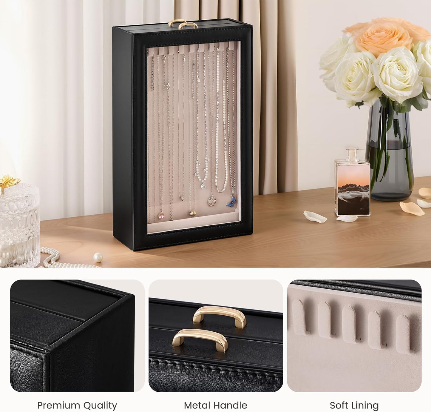 Necklace Organizer Box, 2-Layer Jewelry Storage Boxes with Clear Lid, Tangle-Necklace Display Case