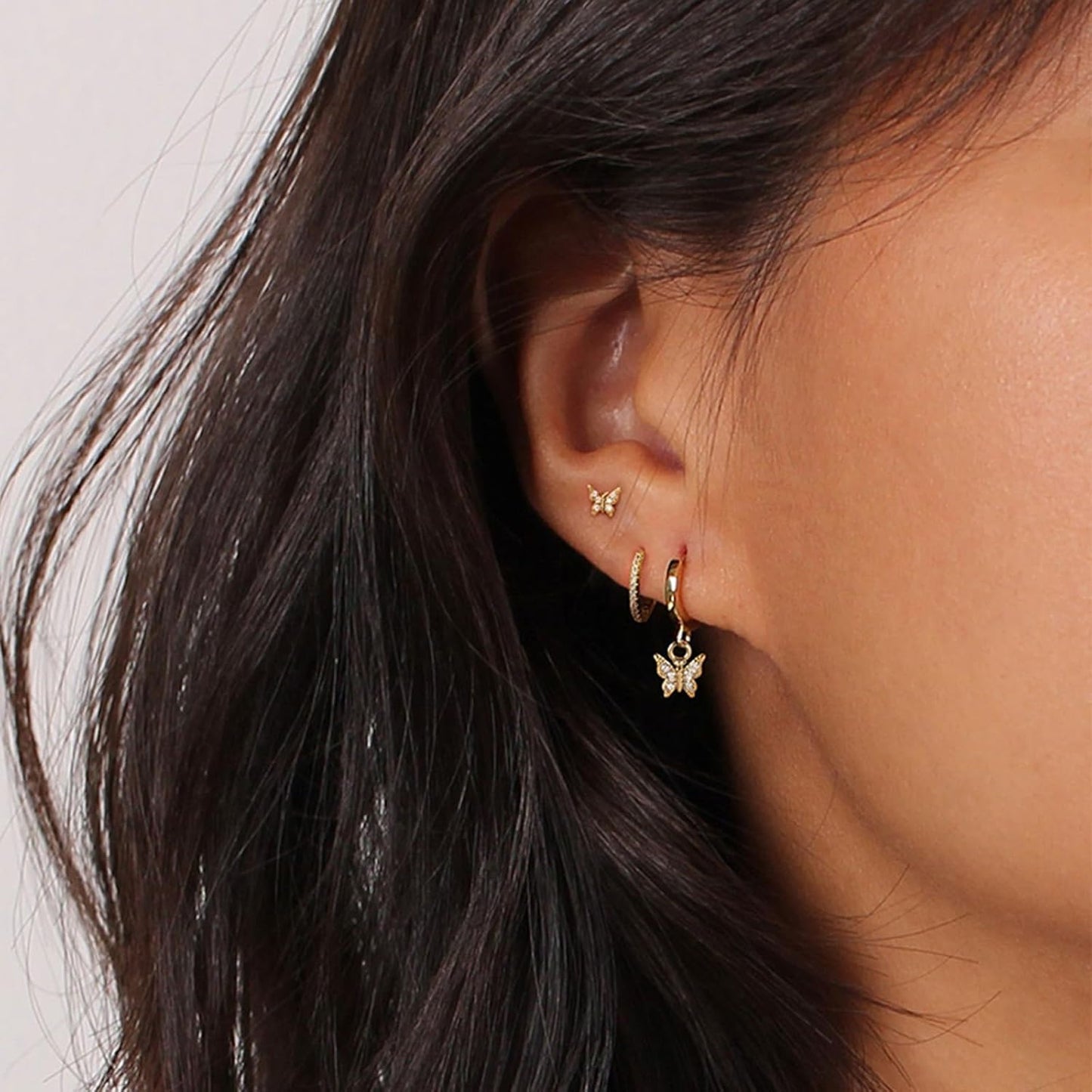3 Pairs Small Gold Hoop Earring, 14K Gold Plated Earring Stacks Butterfly Heart Star Moon Bow Four Leaf Rhombus Round CZ Pearl