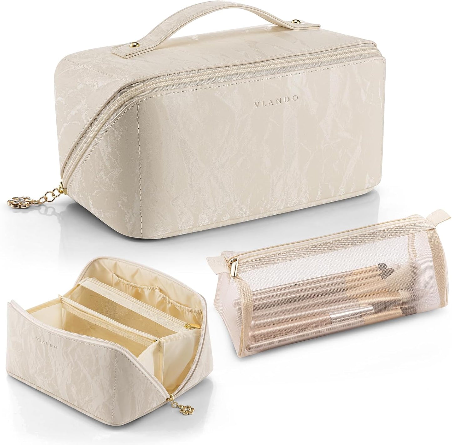 Makeup Bag,Large Capacity Travel Toiletry Bag,Cosmetic Bags for Women PU Leather Waterproof Portable Pouch with Divider & Handle-Toffee