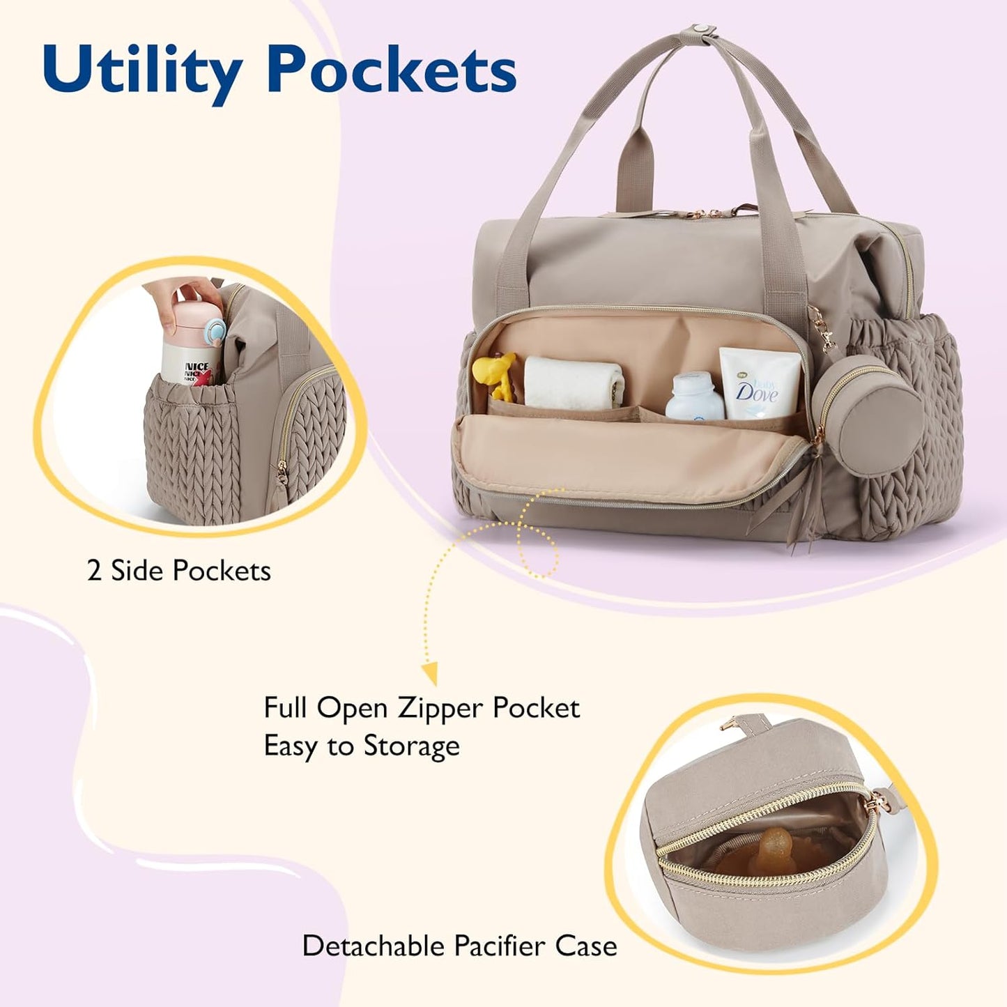 Diaper Bag Tote, Large Capacity Travel Diaper bags, Hospital Bag for Labor Delivery, Baby Bag with Pacifier Case