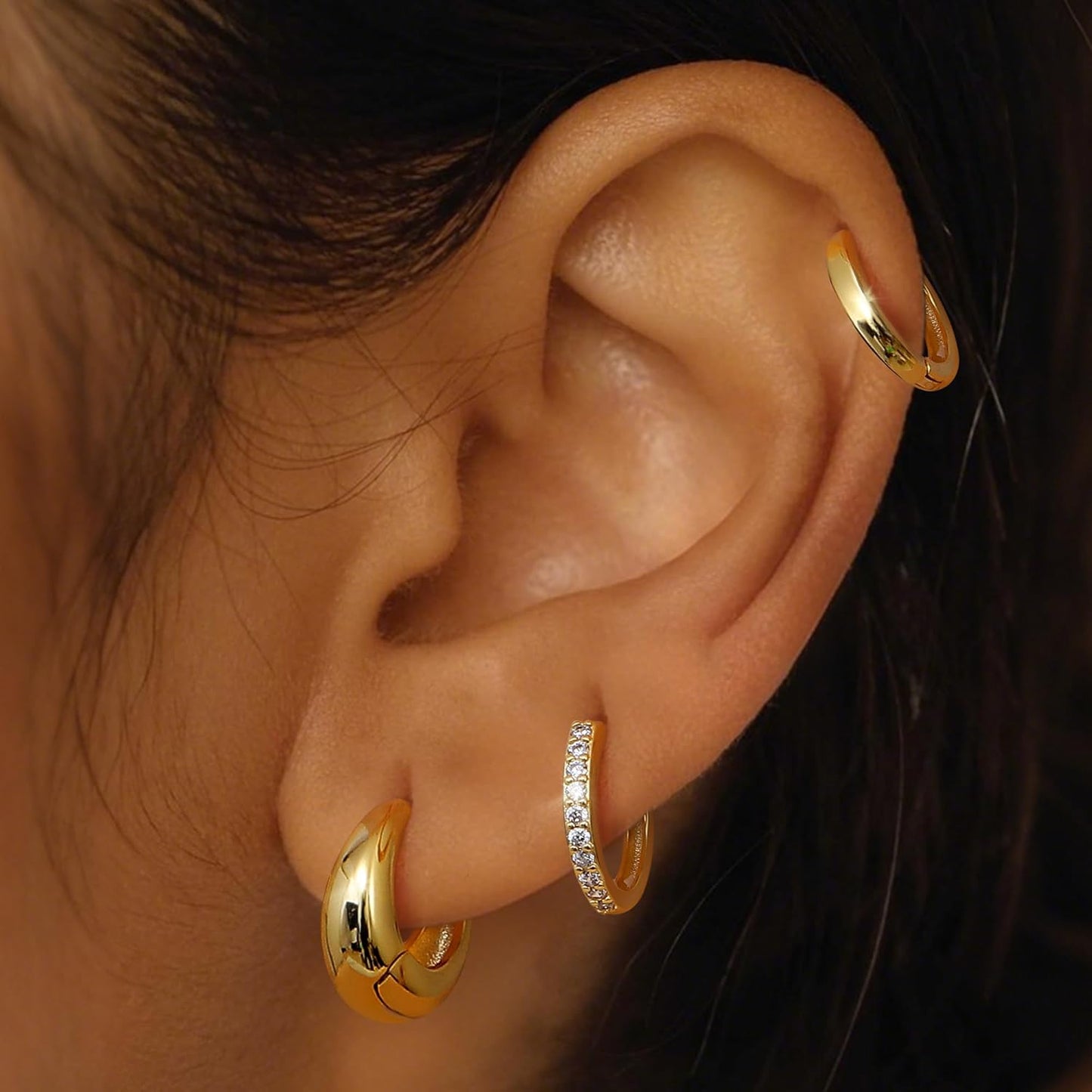 3Pairs 925 Sterling Silver, 14K Gold Plated Small Huggie Hoop Earrings Sets for Multiple Piercing CZ Cartilage Earrings Stacks