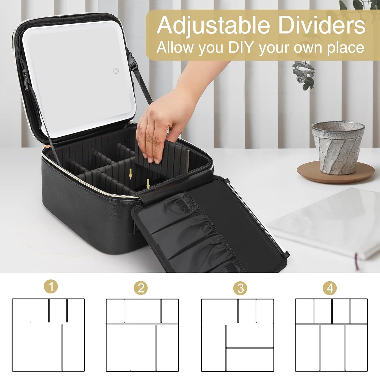 Travel Makeup Bag With LED Mirror, Portable Makeup Artist Organizer Bag with Adjustable Dividers