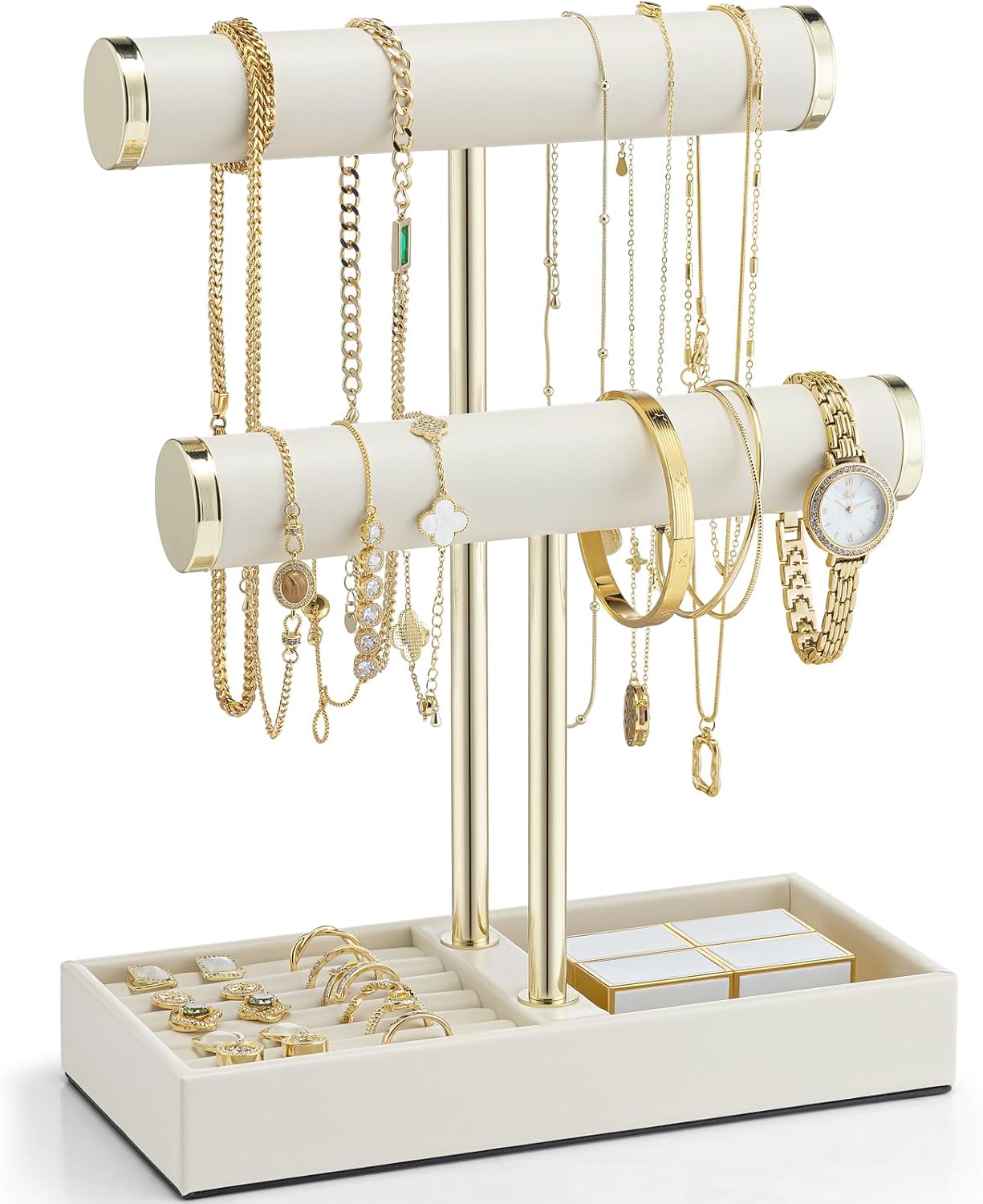 2 Tier Bracelet Holder Organizer with Tray - Leather Jewelry Stand Organizer for Women - Jewelry Holder Display