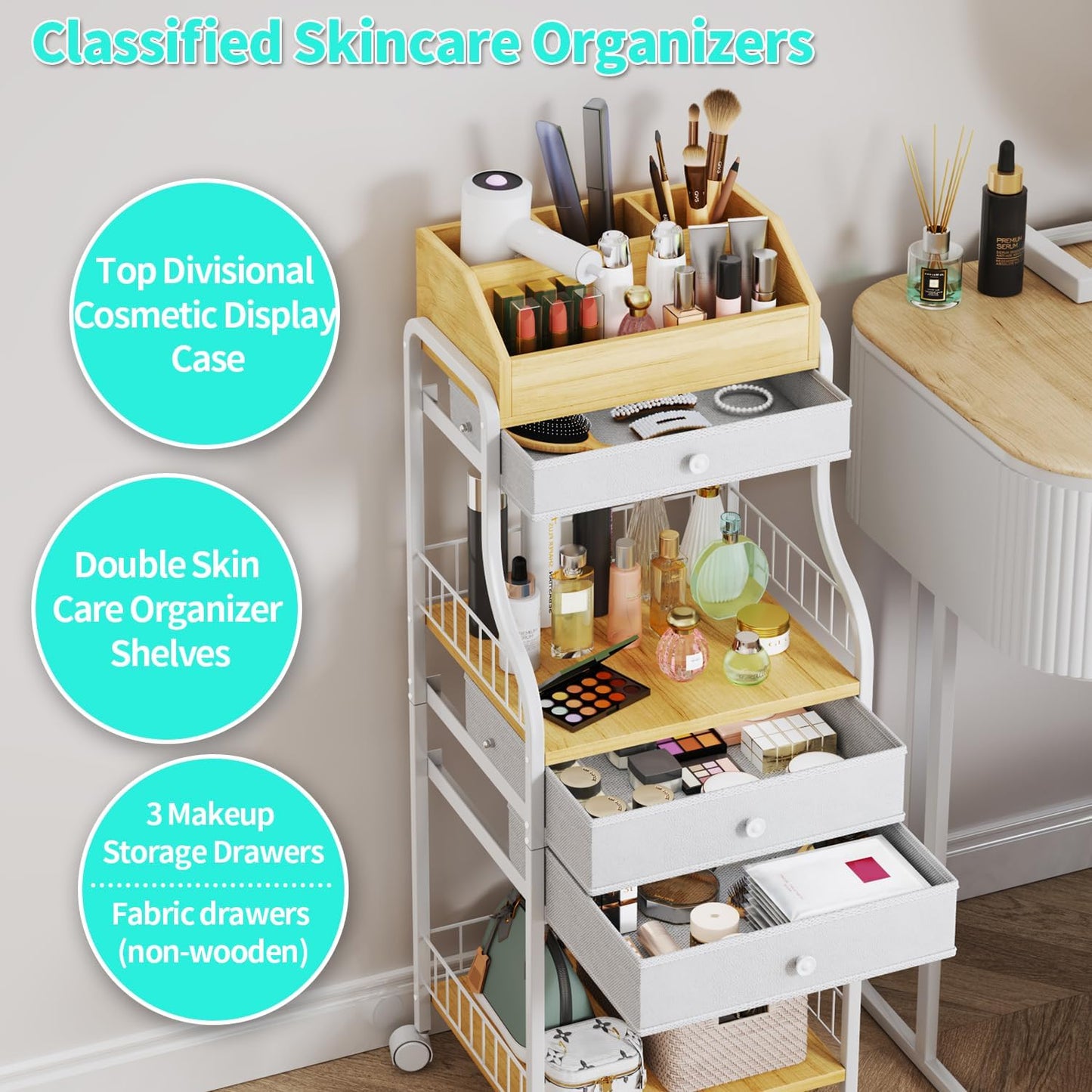 Floor Makeup Organizer Storage - Vanity Skincare Make Up Organizers and Storage with Drawers