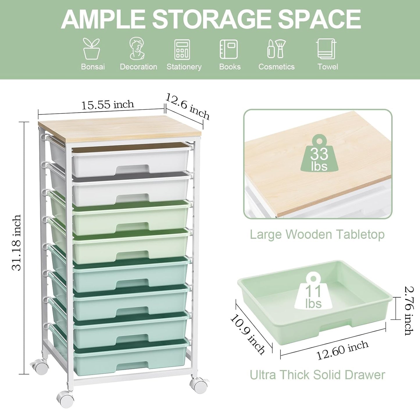 OMOMMD Rolling Storage Utility Cart Organizers with 8 Drawers and Wooden Tabletop for Living Room,Office,Classroom,Craft Room,Bedroom,Dorm,Green