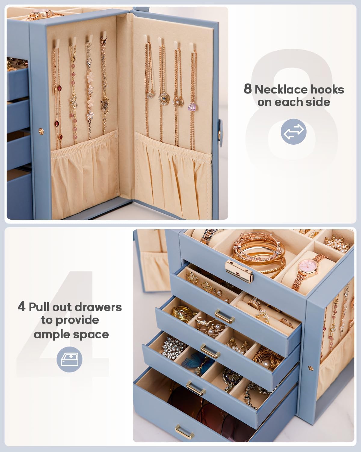 Synthetic Leather Huge Jewelry Box Mirrored Watch Organizer Necklace Ring Earring Storage Lockable