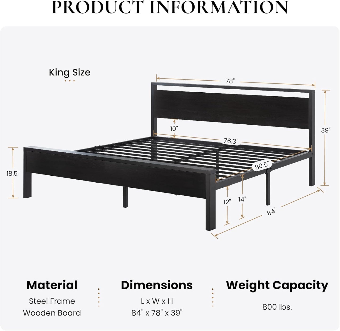 King Size Metal Platform Bed Frame with Wooden Headboard and Footboard, Mattress Foundation, No Box Spring Needed
