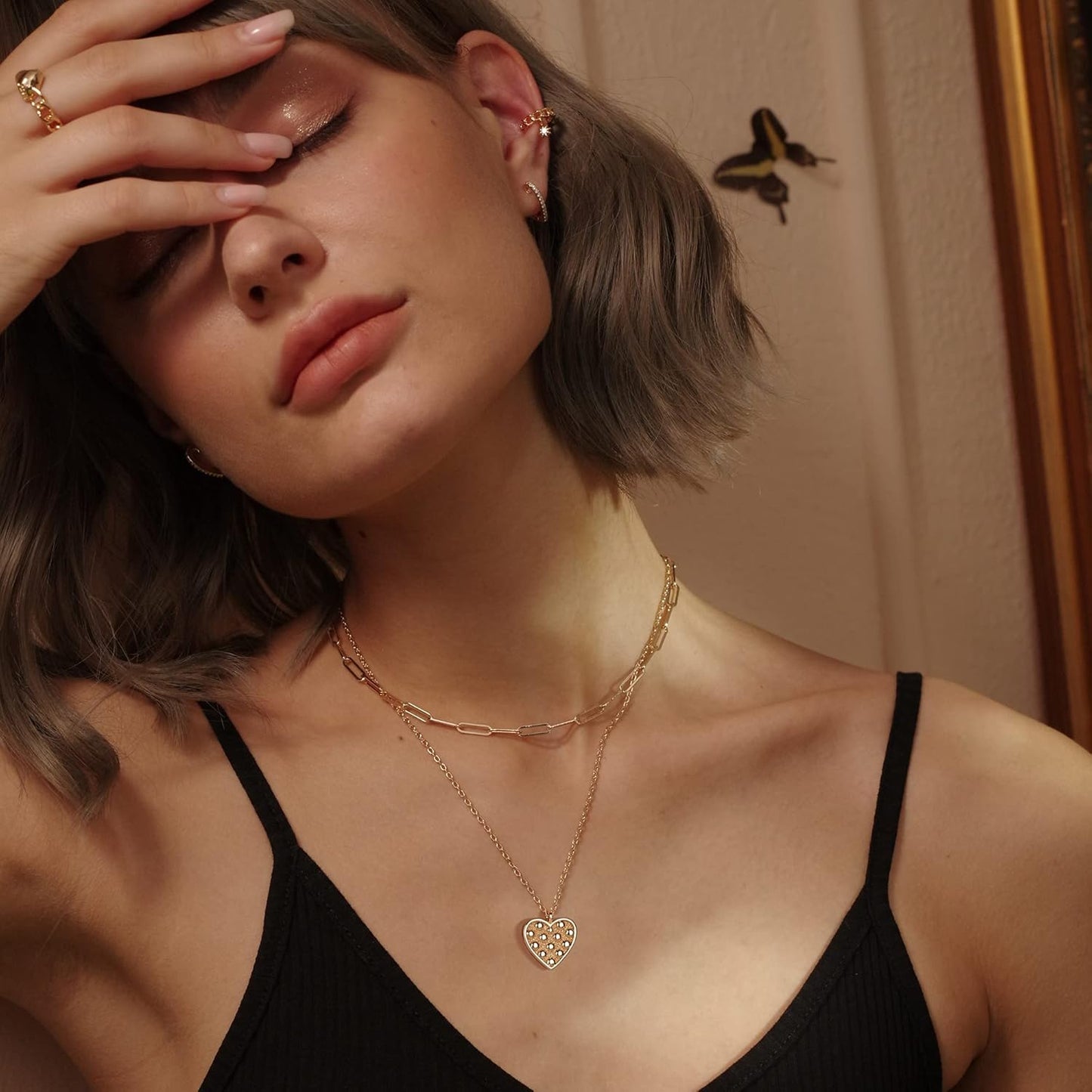 Layered Heart Necklace, Handmade 18K Gold Plated Dainty Choker With Arrow Bar Pendant for Women