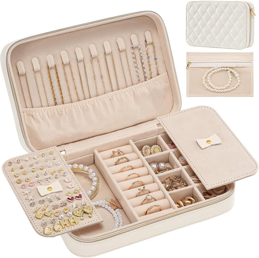 Travel Jewelry Organizer Box with Mirror & Clear Storage Bag, Small Portable Traveling Earring Necklace Bracelet Ring Case