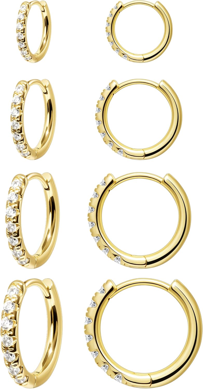 Small Gold Huggie Hoop Earrings Set for Women Men Hypoallergenic 14K Plated Stack Cartilage Earrings, Multiple Piercing