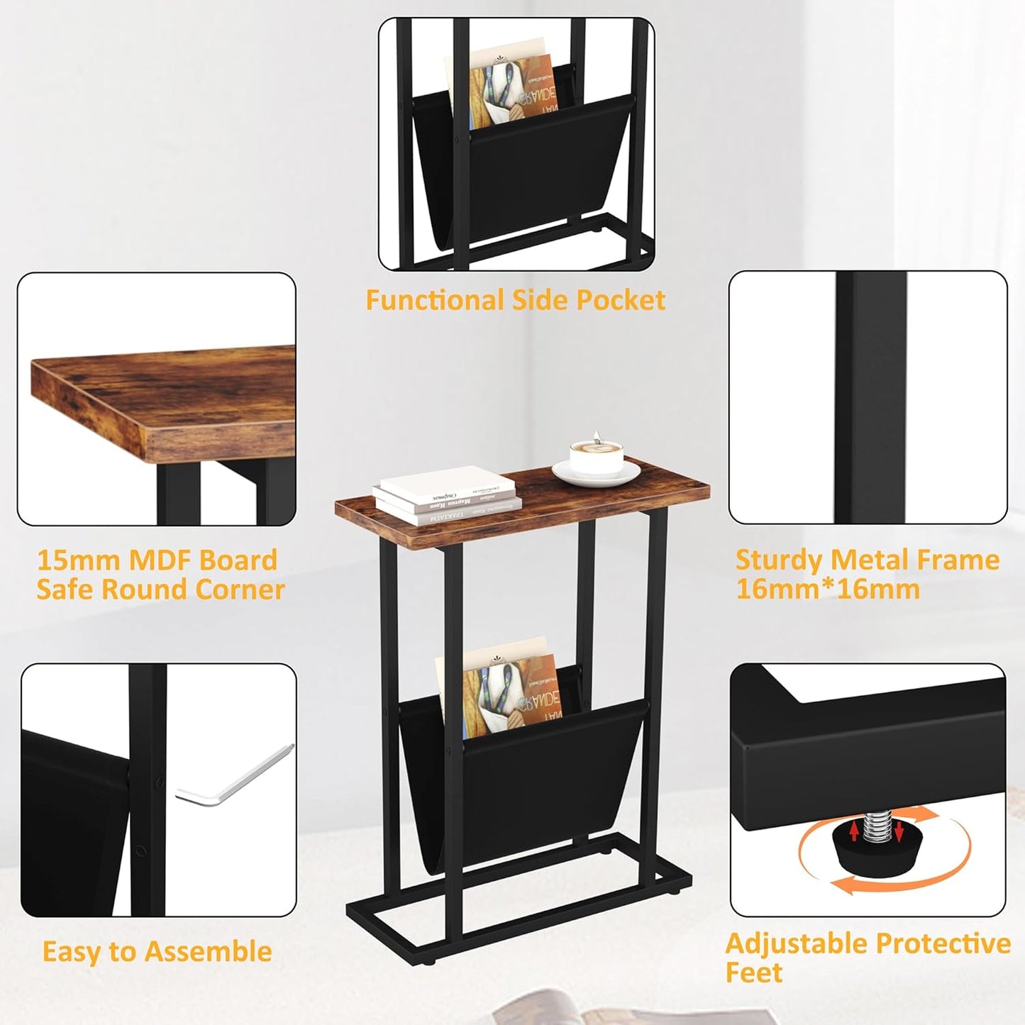 Narrow Side Table for Small Spaces, Small End Table with Magazine Holder, Skinny Slim