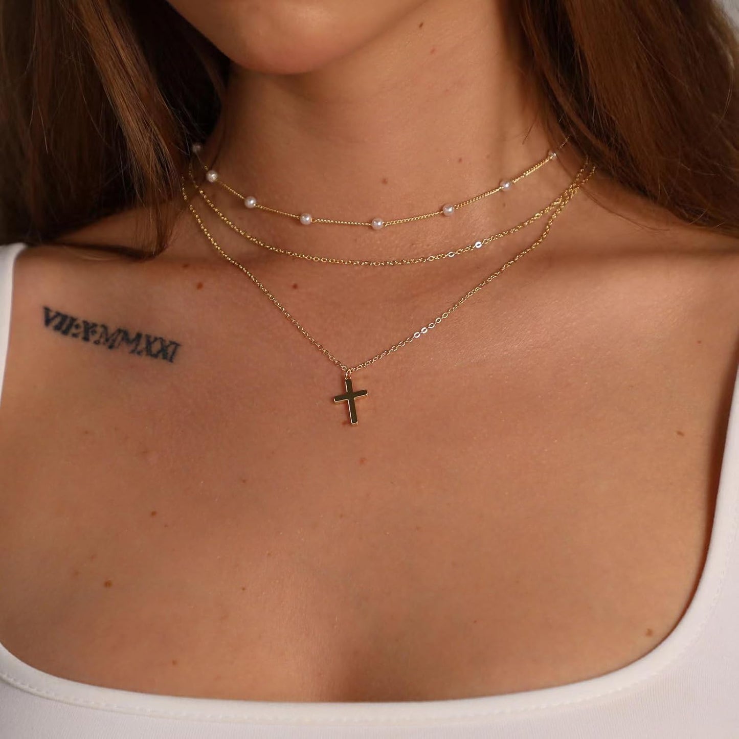 14K Gold Plated Layered Necklace Set, Dainty Pearl Cross & Multi-Chain Design (Cuban/Figaro/Herringbone), Trendy Women’s Jewelry Gift