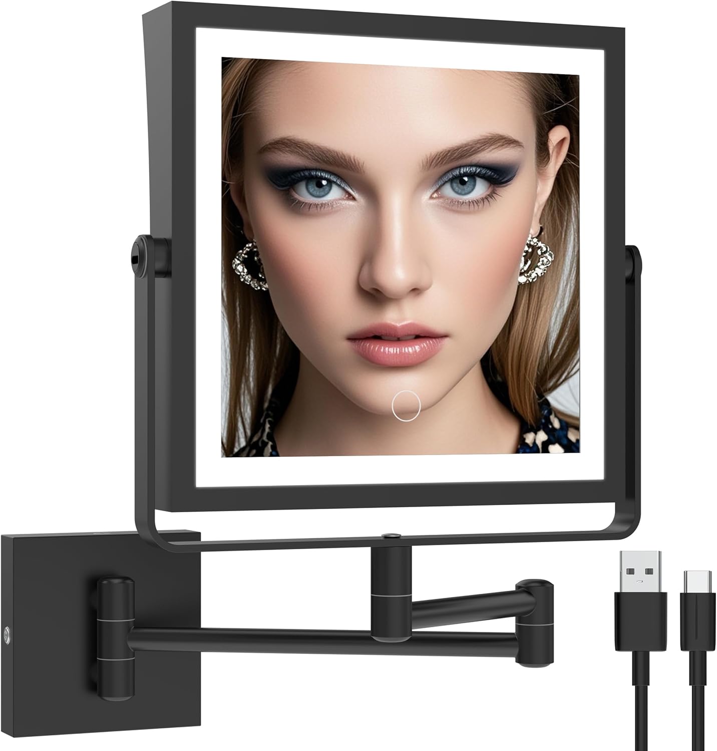 Rechargeable Wall Mounted Makeup Mirror Touch Screen Dimmable, 360° Rotation Extension Foldable Arm
