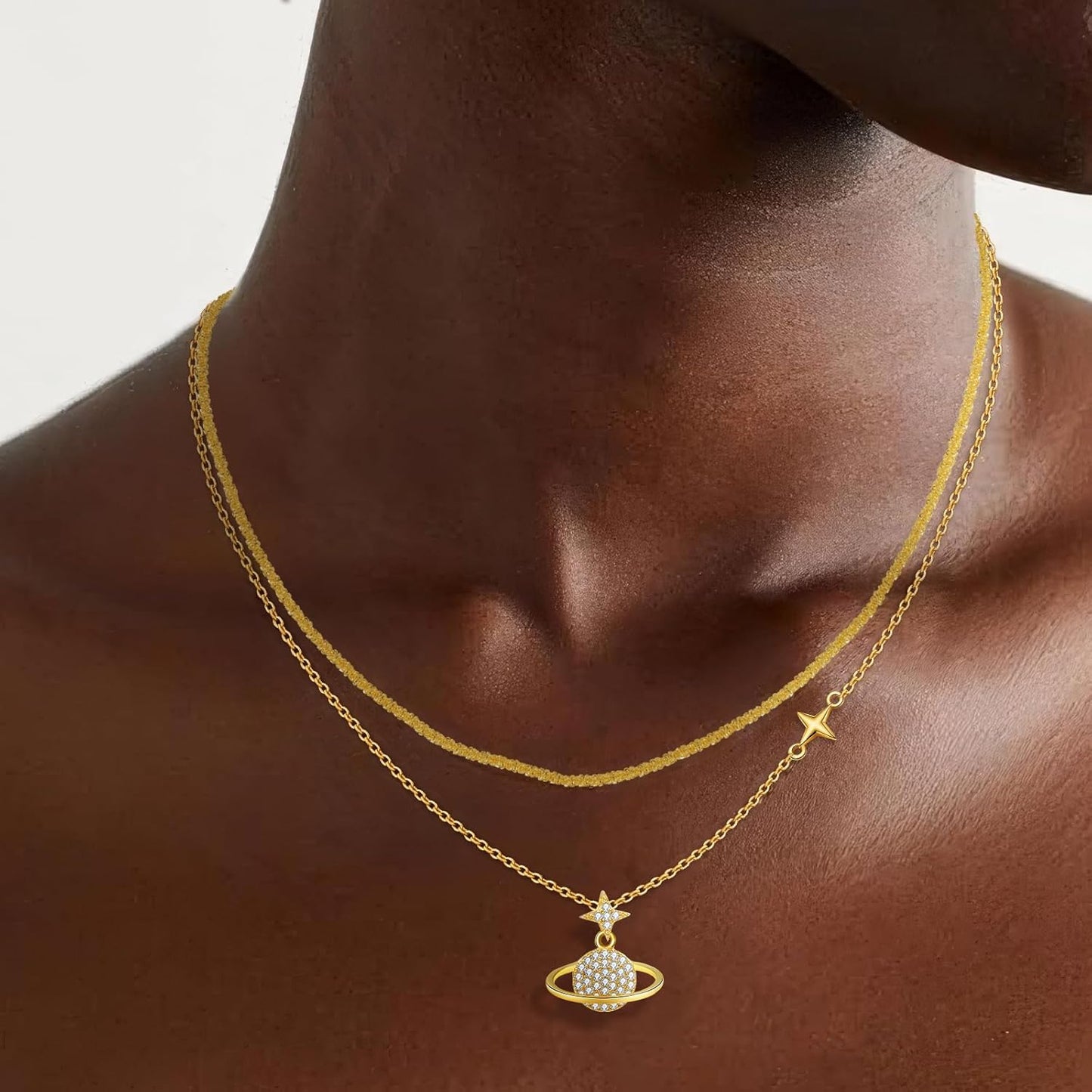 14K Gold & Platinum Plated Double Layer Pendant Necklace, Fashionable Layered Jewelry for Women