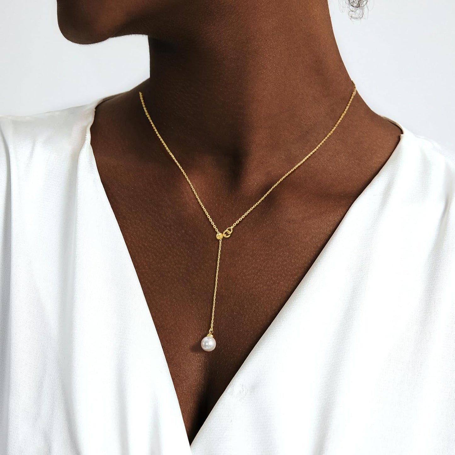 Lariat Gold Necklace for Women: Dainty 14K Gold Plated/Silver Y-Shaped Beaded Drop Chain, Trendy Gift