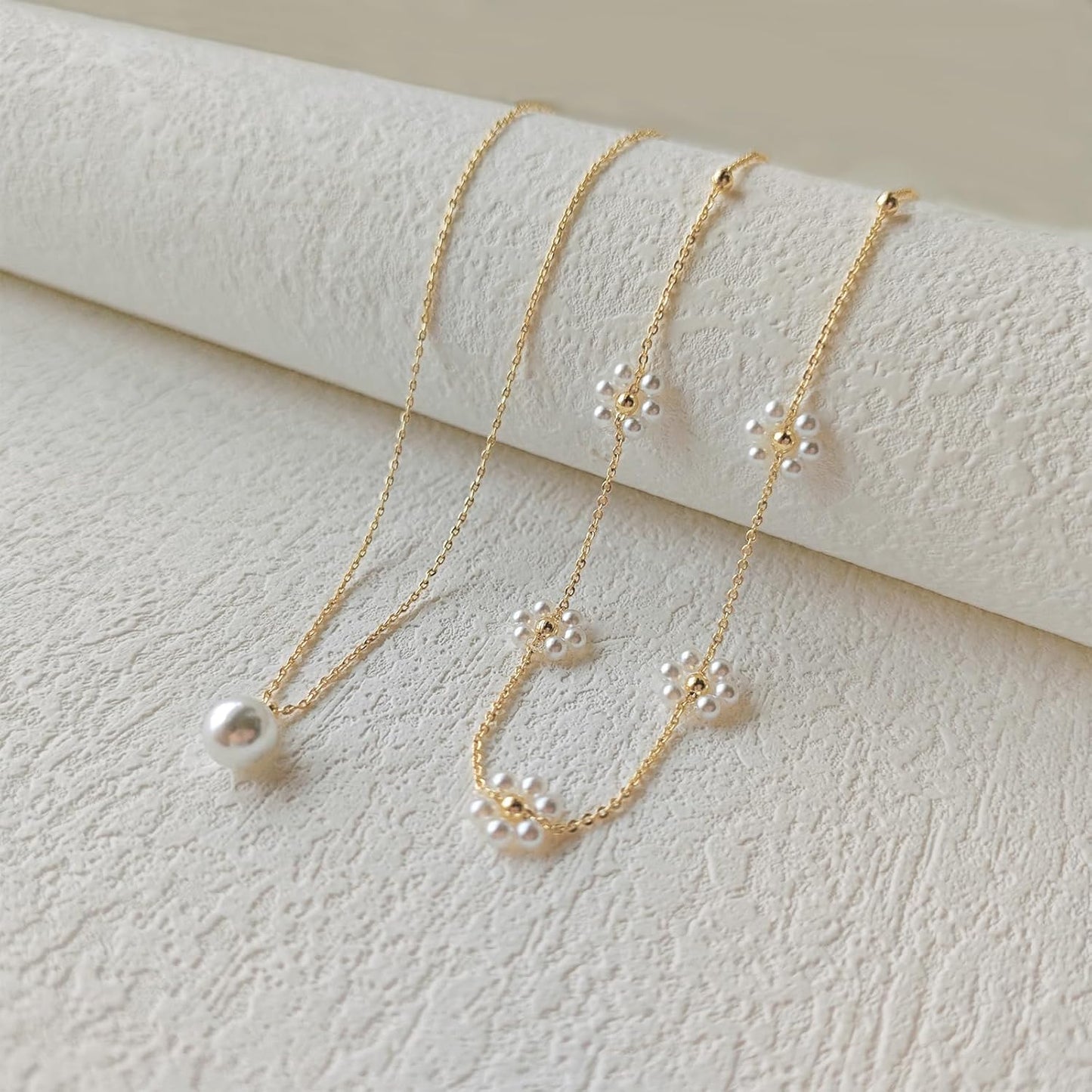 14K Gold-Plated Pearl Necklace Set: Dainty Layered Daisy Choker, Trendy Jewelry Gift for Women