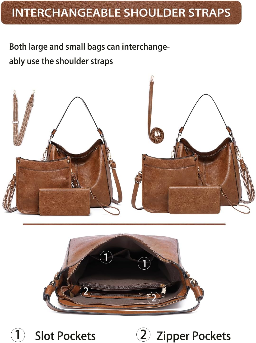 3PCS Crossbody Bags Set Large Leather Purse Shoulder Handbags with Wallet Adjustable Straps