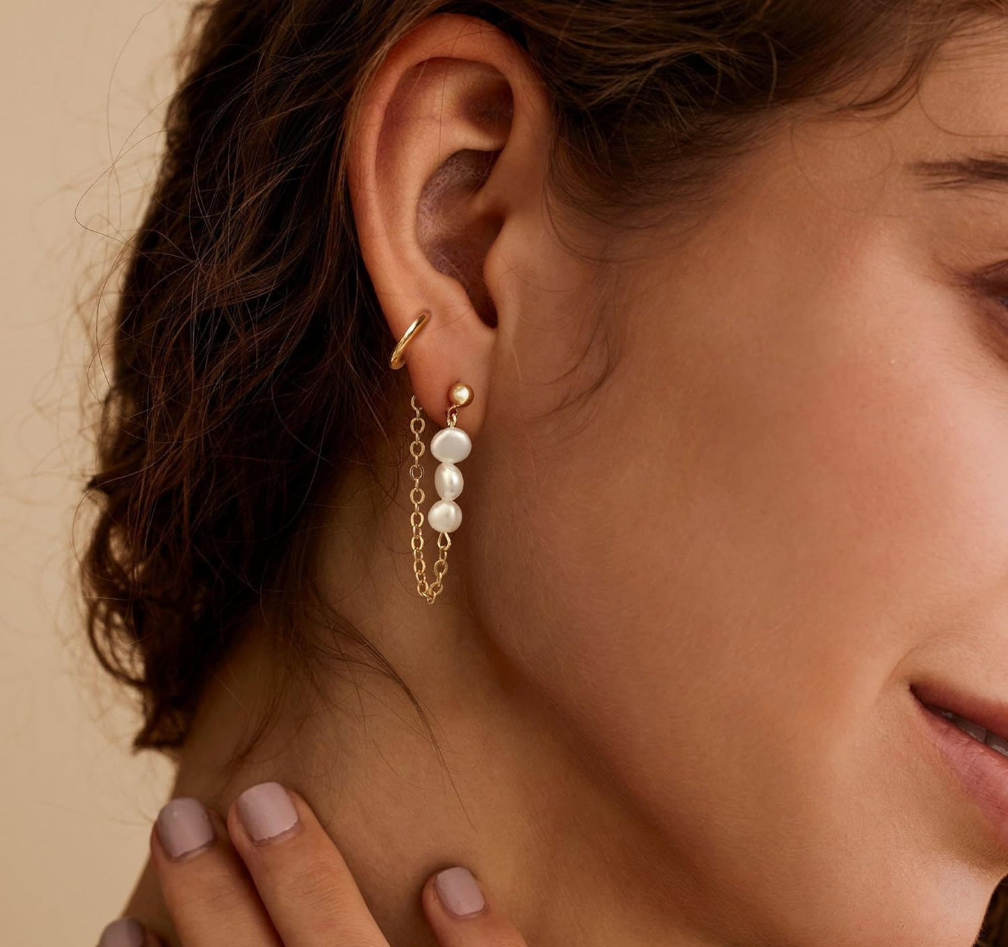 Pearl Dangle Hoop Earrings for Women - Dainty14K Gold Plated Small Drop Chain Hoops Trendy Earring Sets for