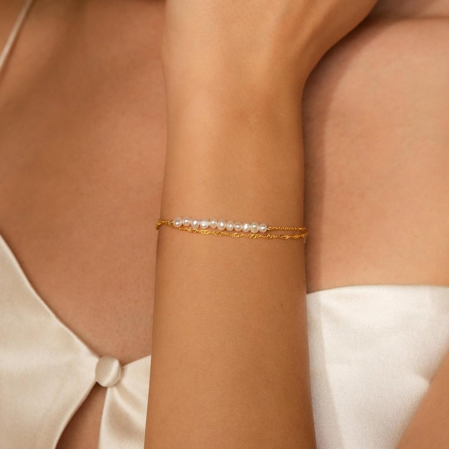 Gold Bracelets for Women Trendy, 14K Real Gold Plated Dainty Stackable Pearl Snake Chain CZ Heart Pendant Bracelets Adjustable 6"+2"