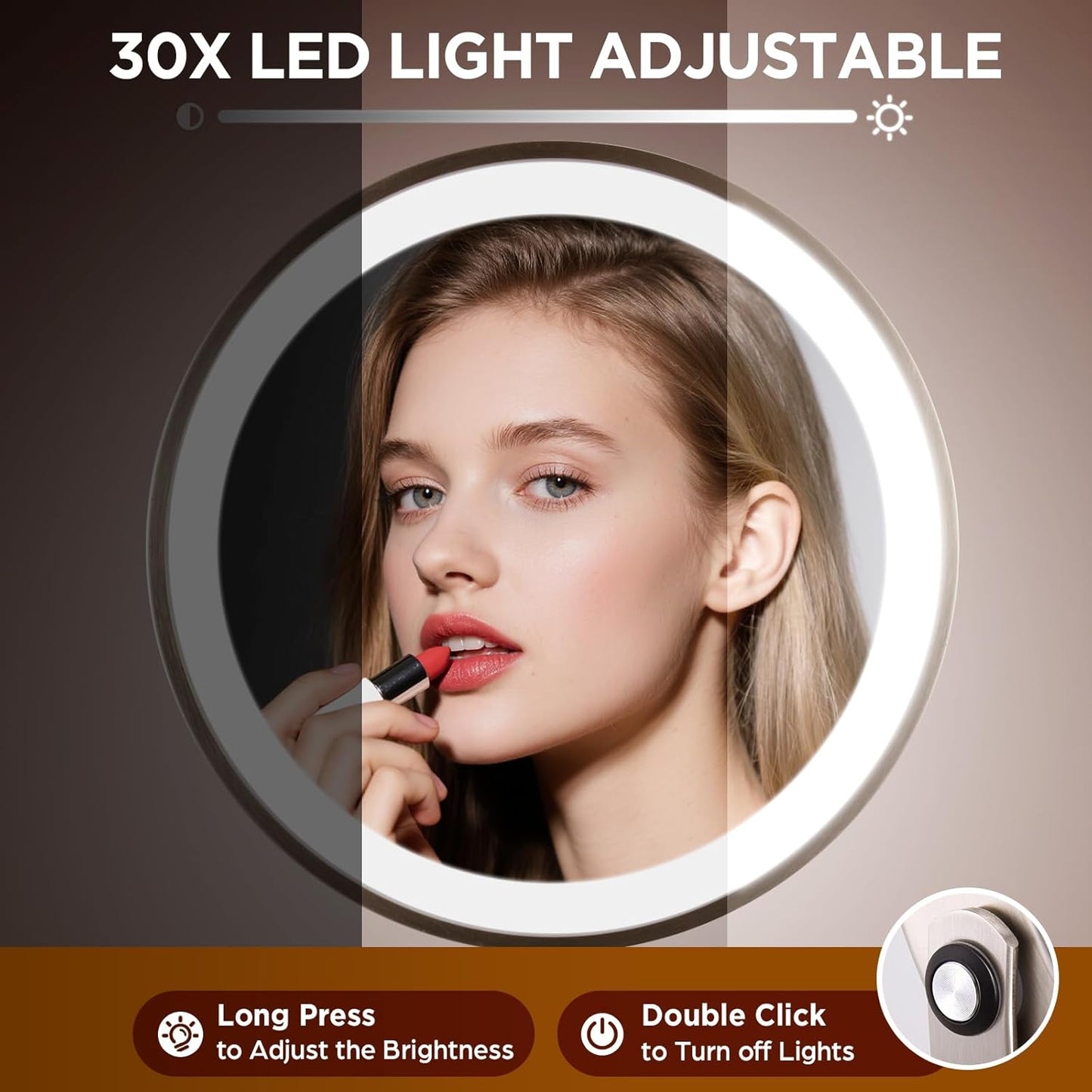 Makeup Mirror, 30x Magnifying Mirror with 3 Lights Colors,  Style Side Touch + Side Charge