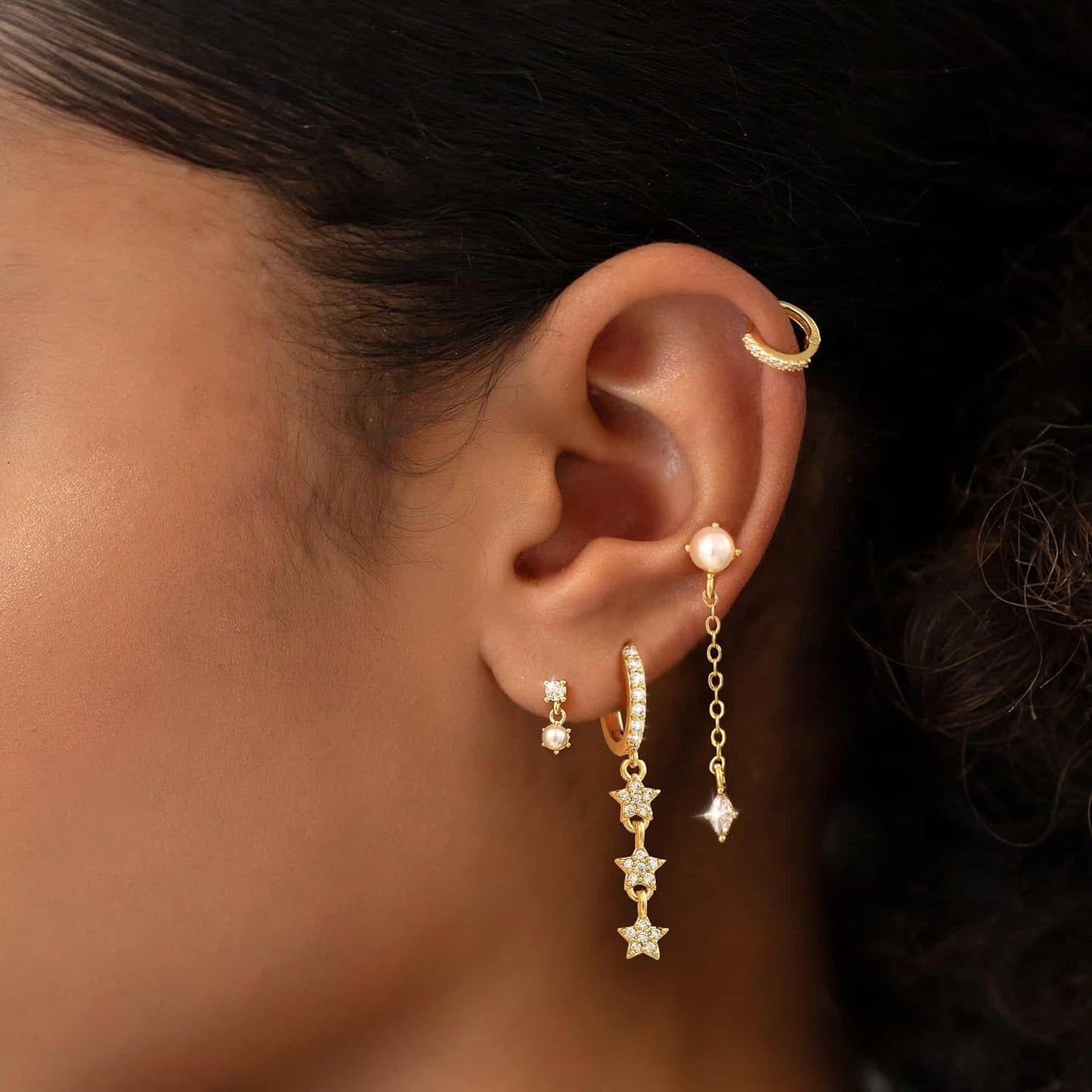 Pearl Dangle Hoop Earrings for Women - Dainty14K Gold Plated Small Drop Chain Hoops Trendy Earring Sets for