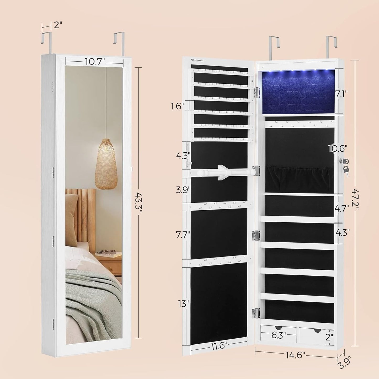 6 LEDs Mirror Jewelry Cabinet, Tall Lockable Wall or Door Mounted Jewelry Armoire Organizer