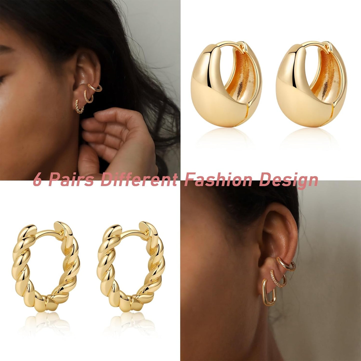 Gold Chunky Hoop Earrings Set for Women, 14K Gold Plated Twisted Huggie Hoop Earring Thick Open Lightweight Chunky Hoop