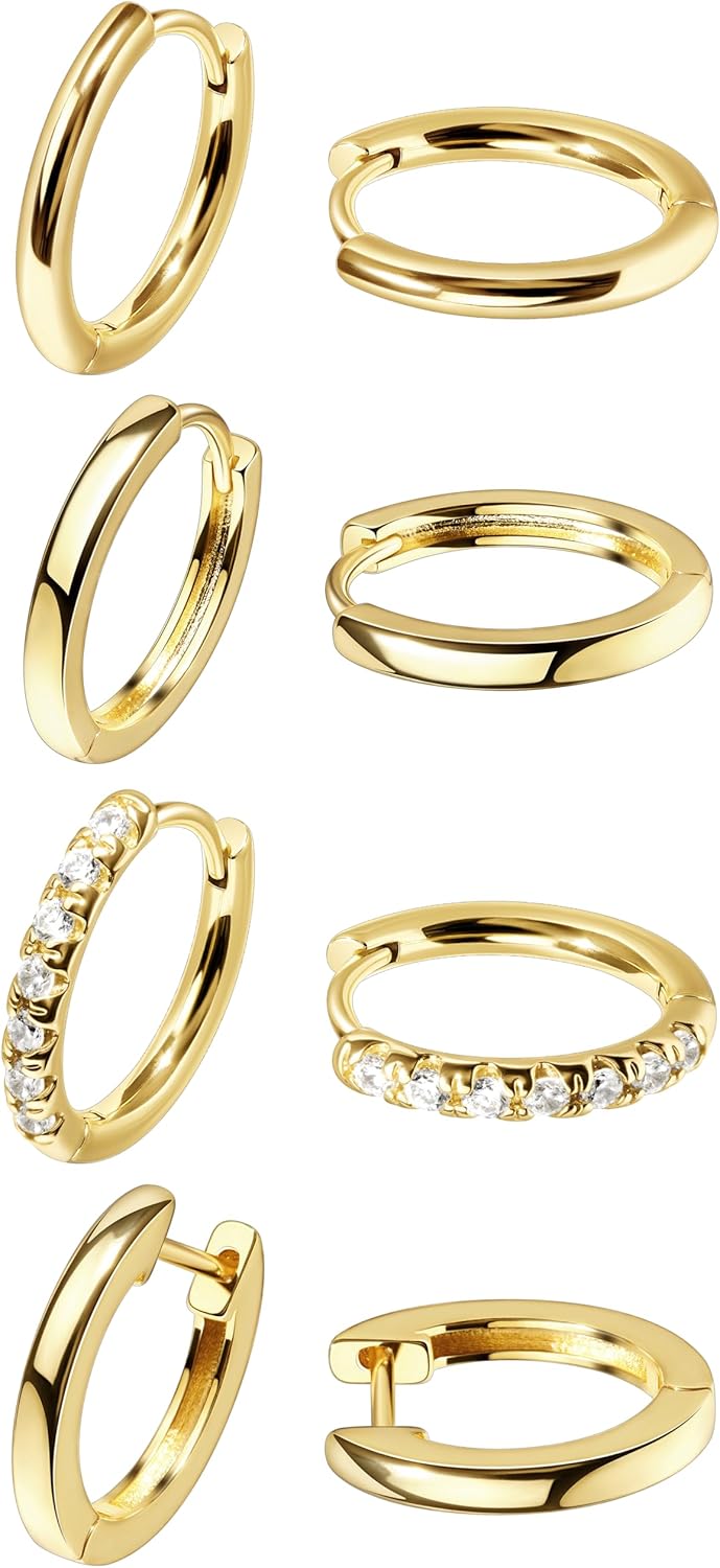 Small Gold Huggie Hoop Earrings Set for Women Men Hypoallergenic 14K Plated Stack Cartilage Earrings, Multiple Piercing