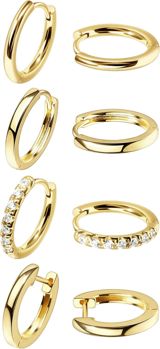 Small Gold Huggie Hoop Earrings Set for Women Men Hypoallergenic 14K Plated Stack Cartilage Earrings, Multiple Piercing