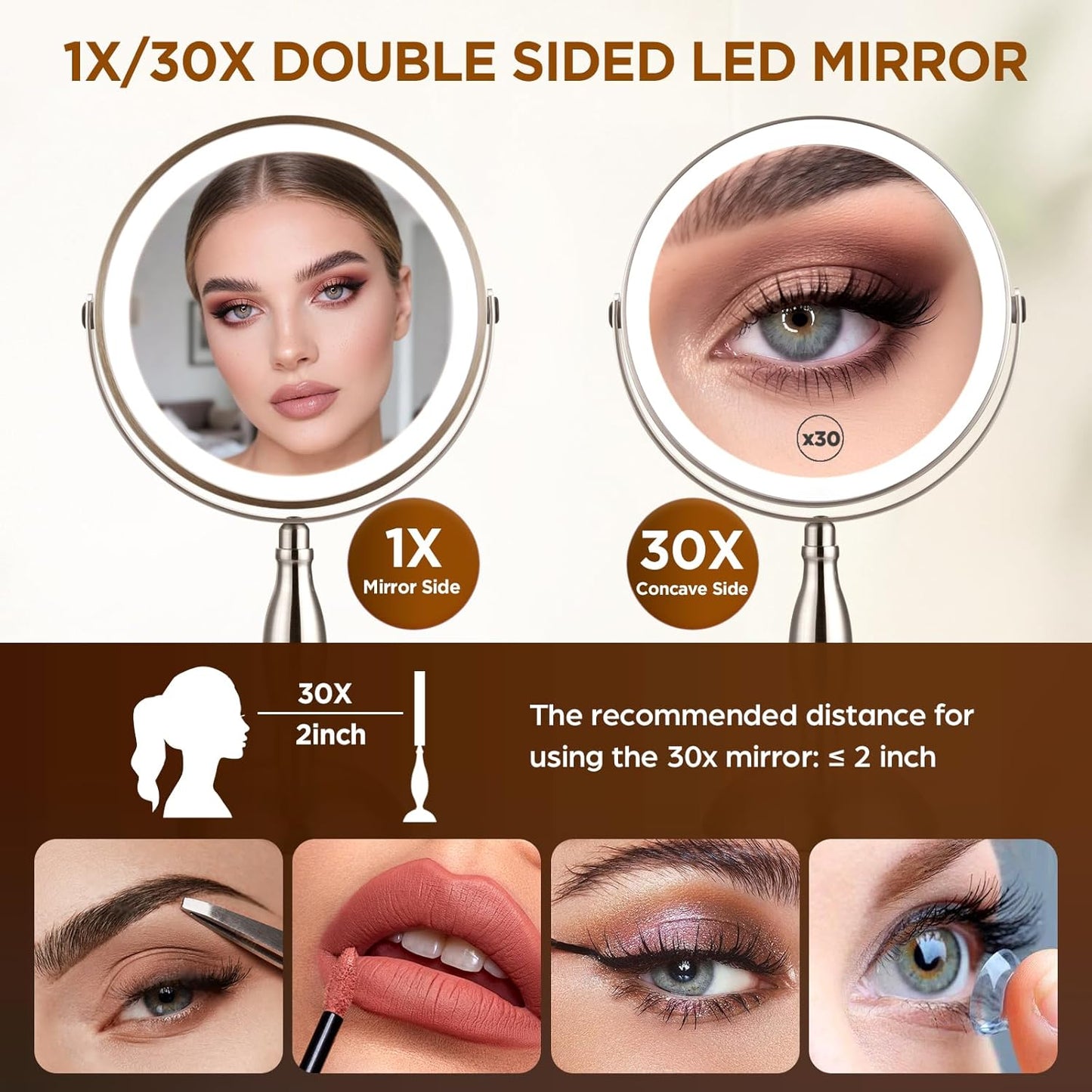 Makeup Mirror, 30x Magnifying Mirror with 3 Lights Colors,  Style Side Touch + Side Charge