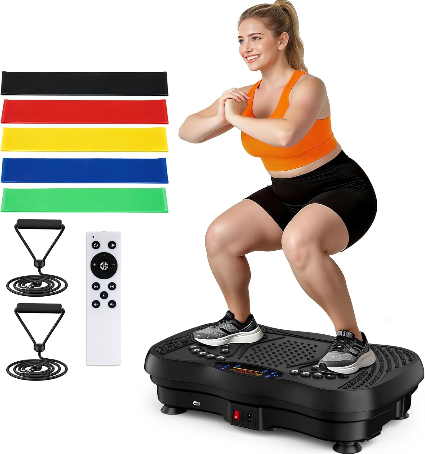 OMOMMD Vibration Plate Exercise Machine, 130 Levels Full Body Workout Vibrating Plate for Lymphatic Drainage Weight Loss, 450 Lbs Capacity Shake Platform with Resistance Bands Bluetooth for Women Men