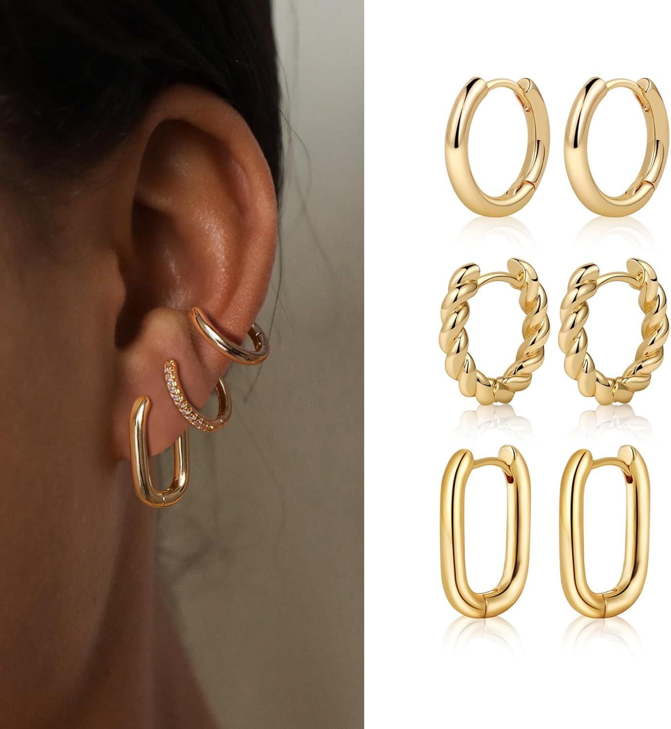 Gold Chunky Hoop Earrings Set for Women, 14K Gold Plated Twisted Huggie Hoop Earring Thick Open Lightweight Chunky Hoop