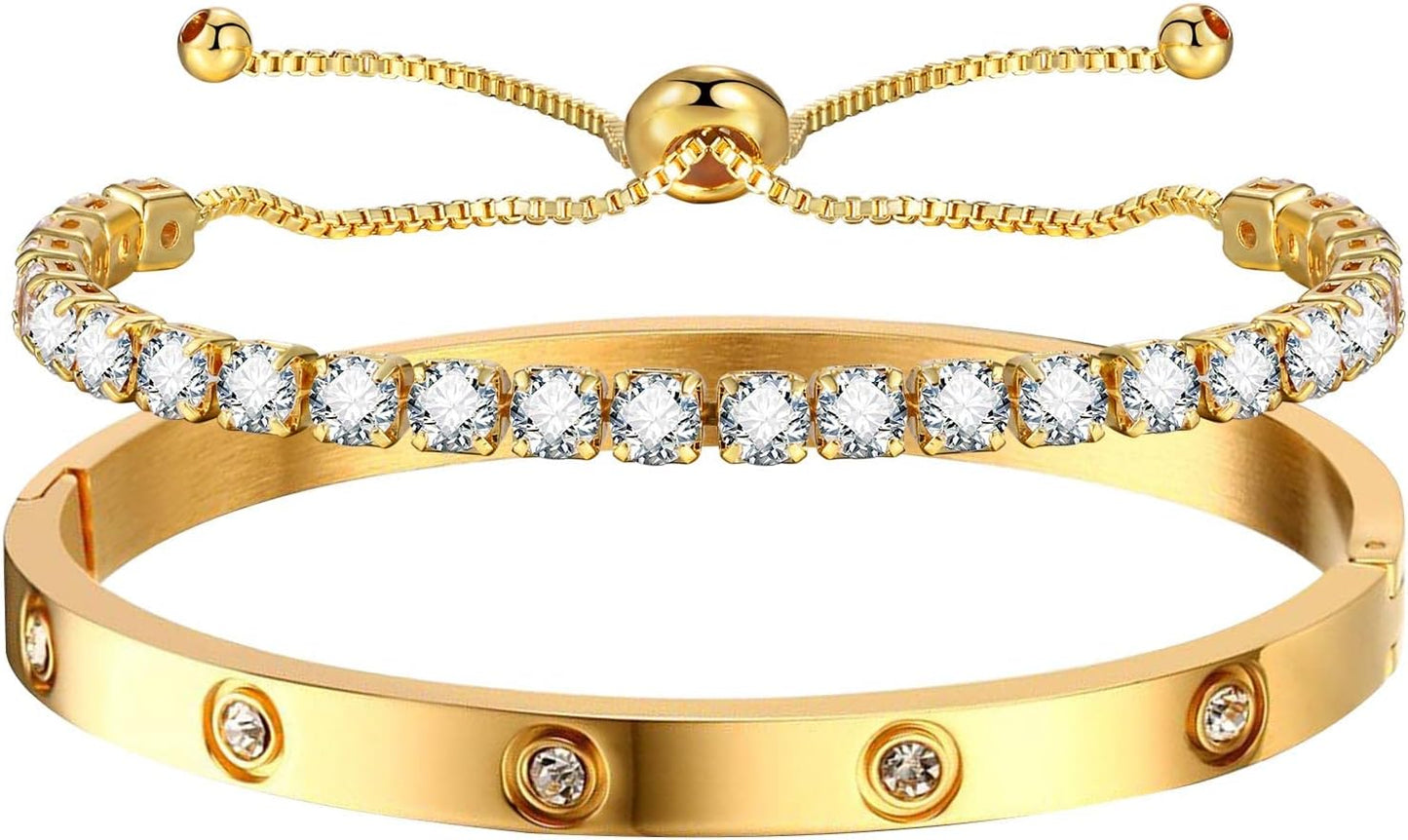 2pcs Gold Chain Link Bracelet, Stainless Steel Crystal Friendship Bracelets Bangle,Watch Band Chains Wristband
