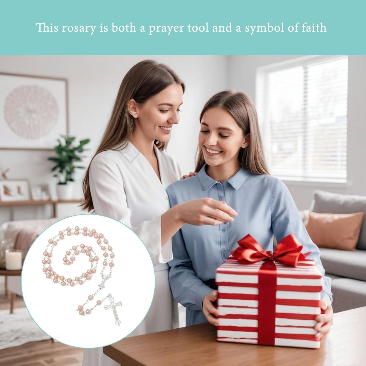 6mm Pearl Rosary Beads With Crucifix - Women's Catholic Prayer Necklace, Gift Box & Pouch Included
