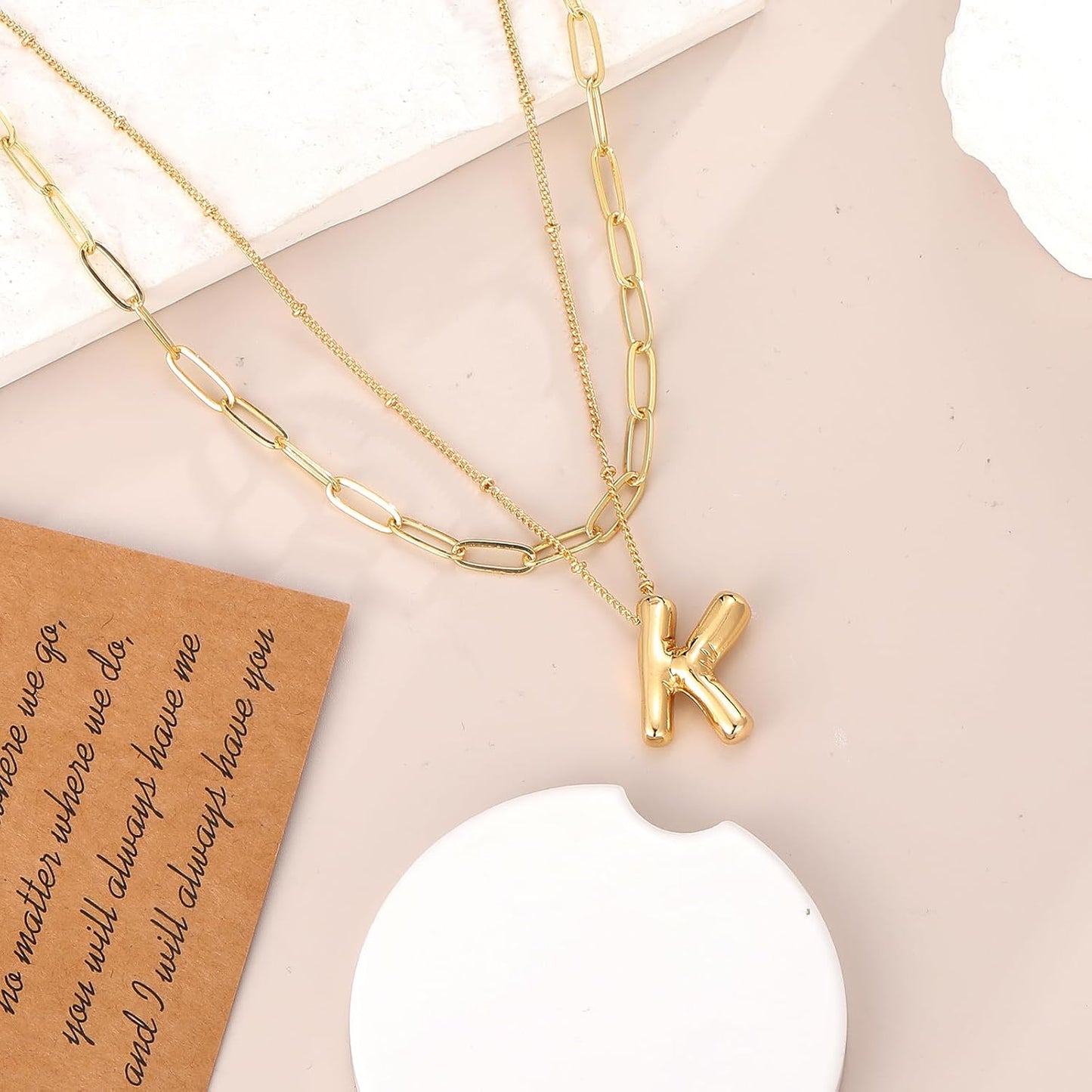 Letter Necklace With Balloon Pendant, 14K Gold Plated Double Chain Jewelry, Personalized Initial Necklace Gift for Women