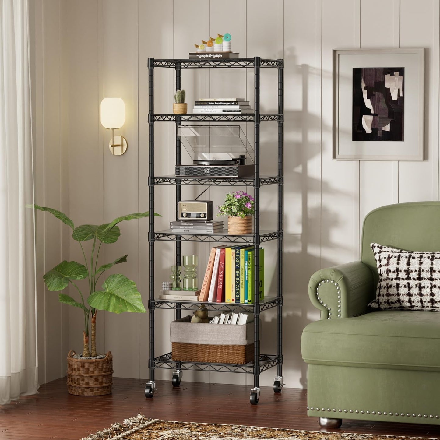 6 Shelf Storage Wire Shelves Closet Bathroom Organizers Metal Pantry Net Basket with Wheels