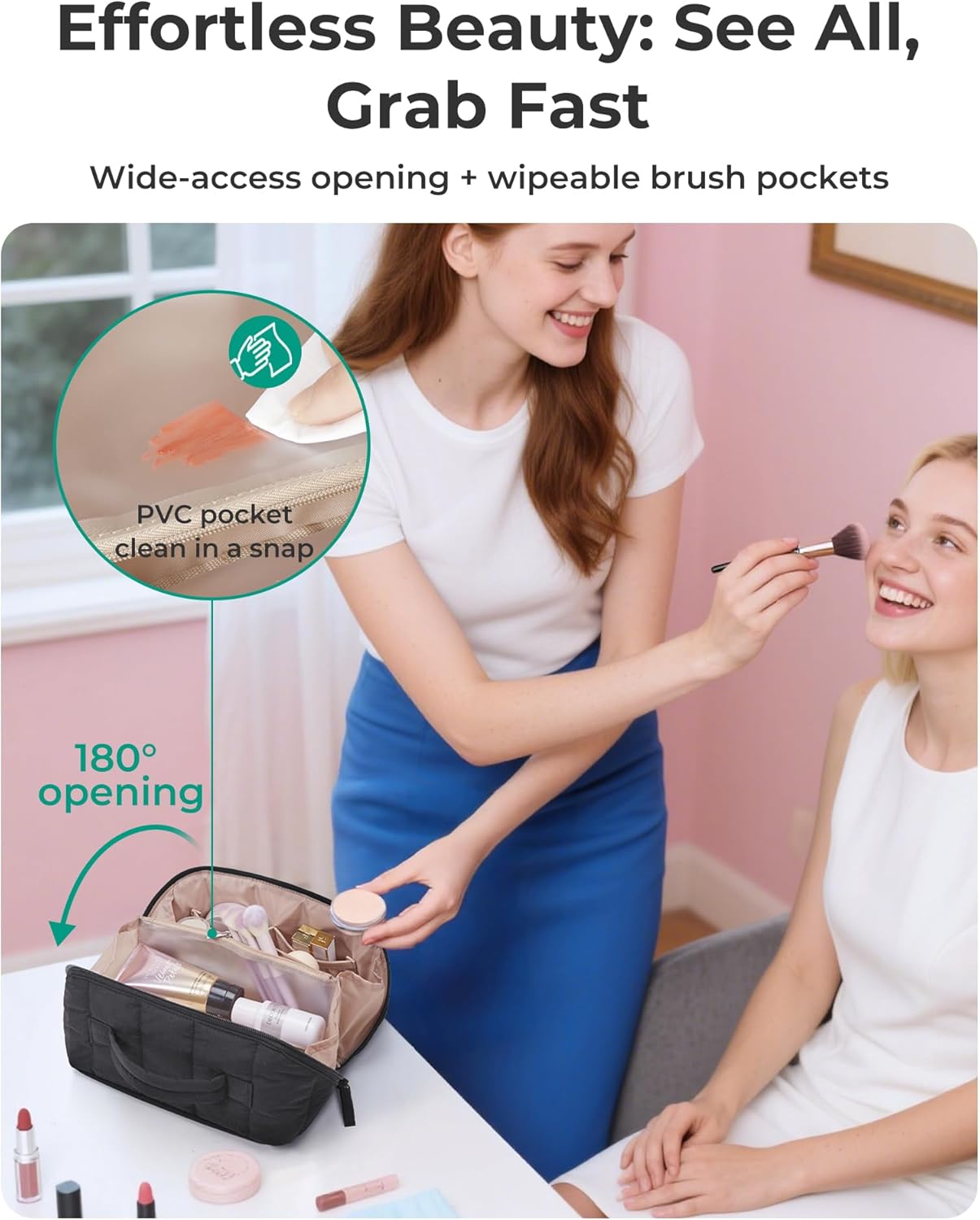 Travel Makeup Bag for Women, Portable Water-resistant Cosmetic Case, Puffy Padded Make Up Organizer Pouch, Open Flat Toiletry Bag for Toiletries, Brushes, Pink