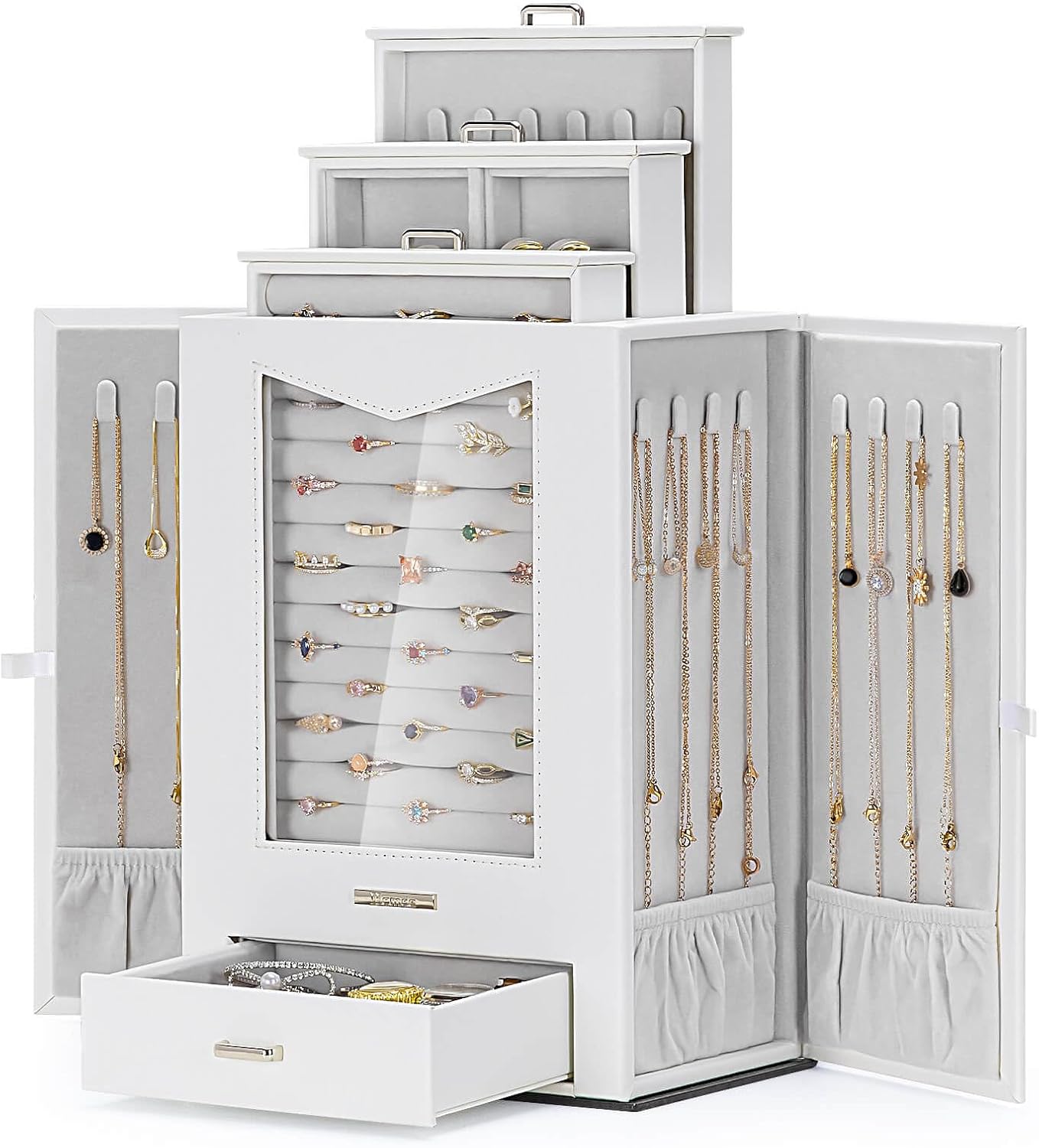 Jewelry Organizer with Transparent Window Necklace Hooks Jewelry Box for Necklaces Rings Earrings Bracelets
