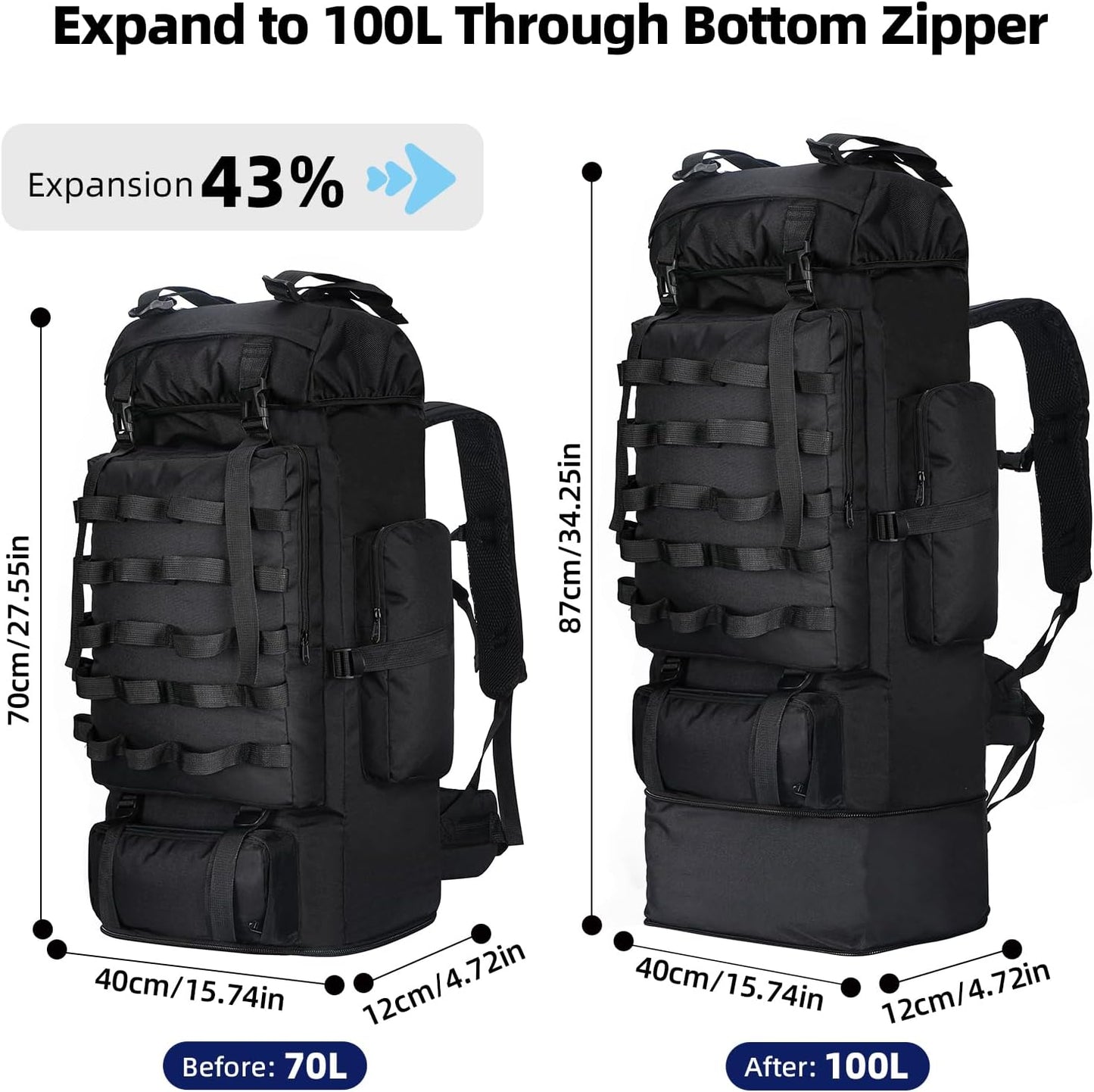 Expandable Large Military Tactical Backpack, Waterproof Molle Racksack Travel Backpacking Daypack