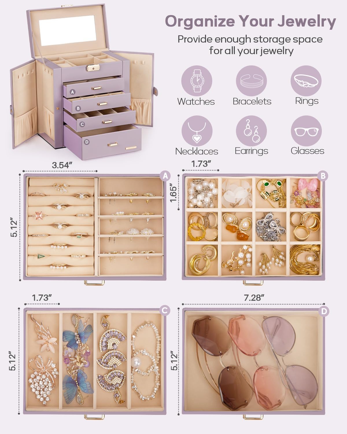 Synthetic Leather Huge Jewelry Box Mirrored Watch Organizer Necklace Ring Earring Storage Lockable